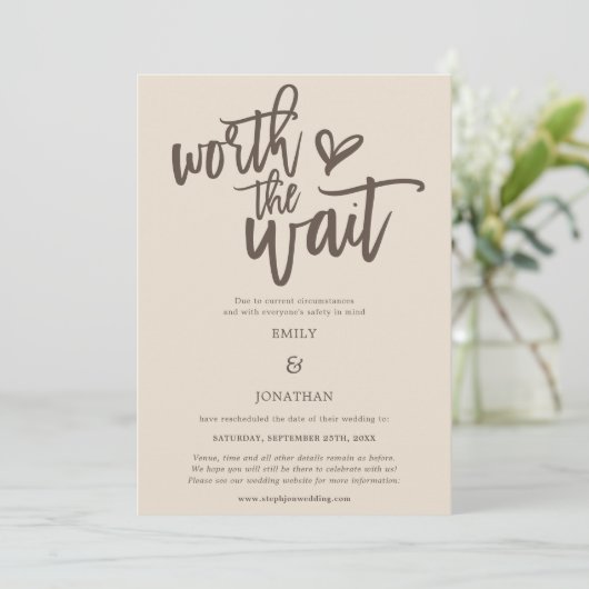 Wedden Worth the Wait Script Cream Brown Save The Date (Staand voorkant)