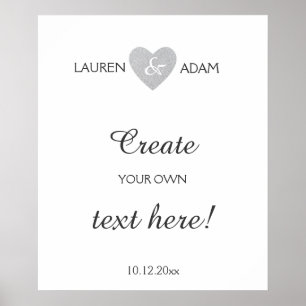 Weddenbord zilveren glitter-hart, aangepaste tekst poster