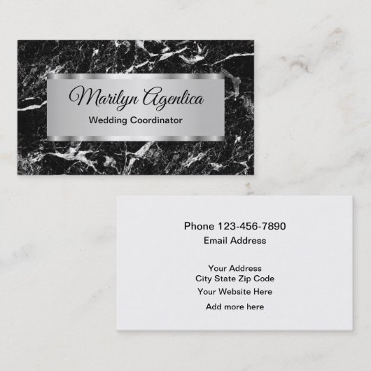 Weddencoördinator Classy Black Marble Achtergrond Visitekaartje (Voorkant / Achterkant)
