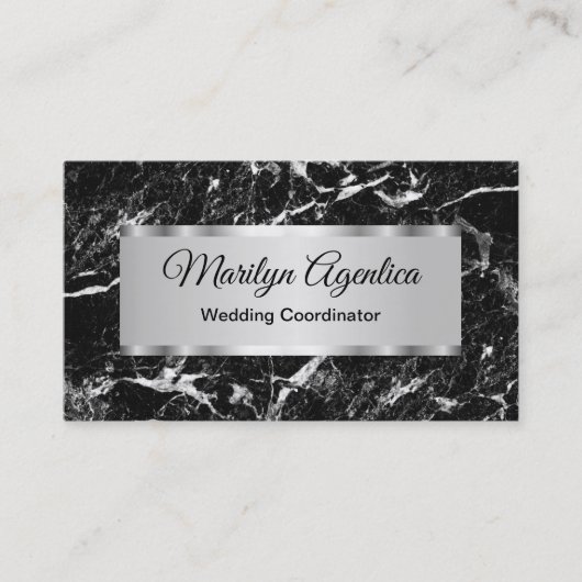 Weddencoördinator Classy Black Marble Achtergrond Visitekaartje (Voorkant)