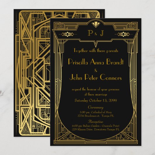 Weddenenkaart, Great Gatsby, gouden zwart 2 Kaart (Voorkant / Achterkant)