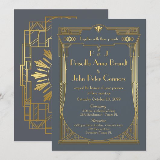 Weddenenkaart, Great Gatsby, grijs, goud Kaart (Voorkant / Achterkant)