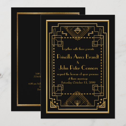 Weddenenkaart, Great Gatsby, zwart, goud Kaart (Voorkant / Achterkant)