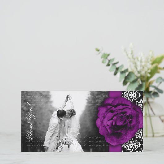 Weddenenkaart Paars Roos Damask Black White Bedankkaart (Staand voorkant)