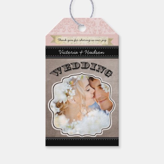 Weddenfoto Bleek Dogwood Pink Damask Pattern Cadeaulabel (Voorkant)