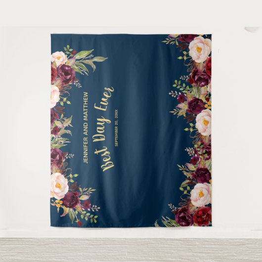 Weddenfoto Booth Burgundy Floral Navy Gold Wandkleed (Voorkant)