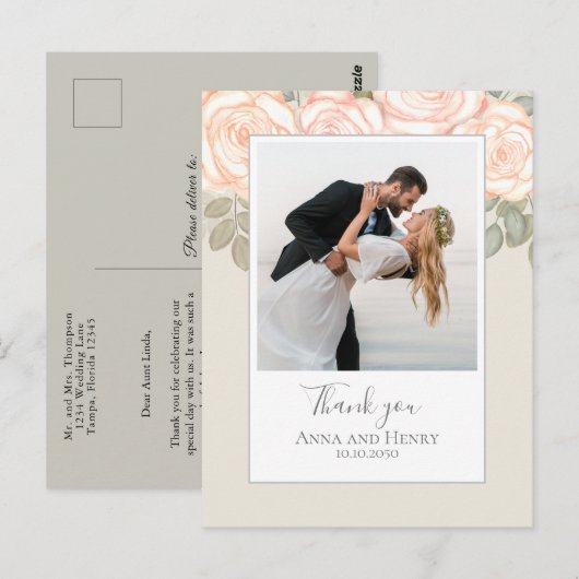 Weddenfoto Elegant Blush Sage Bedankt Briefkaart (Voorkant / Achterkant)
