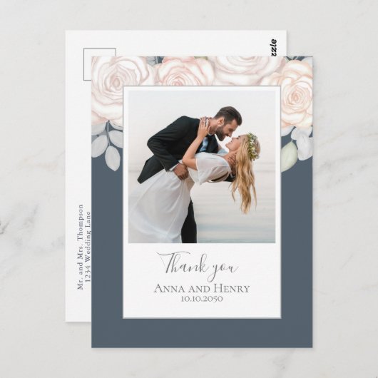 Weddenfoto Elegant Dank je Floral Grey Briefkaart (Voorkant / Achterkant)