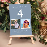 Weddenfoto Fun Dusty Blue Kaart<br><div class="desc">Heb wat plezier met uw trouwreceptiedecor met deze stoffige blauwe lijstaantalkaarten waar elk lijstaantal aan foto's van de bruid en groom op de zelfde leeftijd beantwoordt. Bijvoorbeeld, voor Lijst 4, personaliseer het lijstaantal met "4"en voeg foto's van de bruid en groom toe toen zij 4 jaar oud waren. Als u...</div>