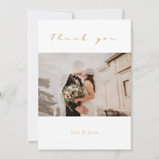 Weddenfoto, gouden script, moderne bruiloft bedankkaart (Voorkant)
