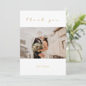 Weddenfoto, gouden script, moderne bruiloft bedankkaart (Staand voorkant)