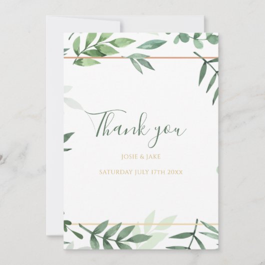 Weddenfoto, groene bladeren bruiloft bedankkaart (Voorkant)