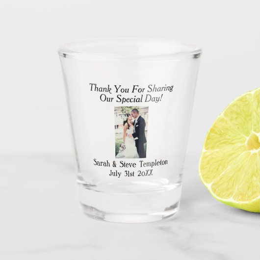 Weddenfoto Hartelijk dank voor namen en datum Shot Glas (Voorkant)