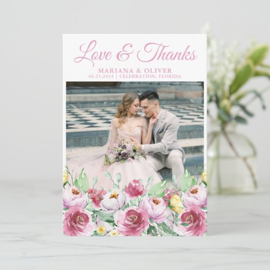 Weddenfoto Hartelijk dank voor uw kaart Roze Gele  (Staand voorkant)