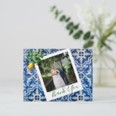 Weddenfoto Lemon Blue Tile Elegant Hartelijk dank Briefkaart (Staand voorkant)