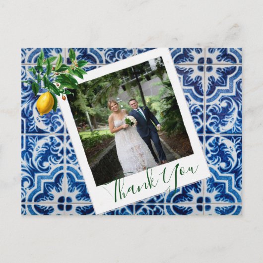 Weddenfoto Lemon Blue Tile Elegant Hartelijk dank Briefkaart (Voorkant)