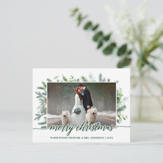 Weddenfoto met kerstpine Greenery Briefkaart (Staand voorkant)