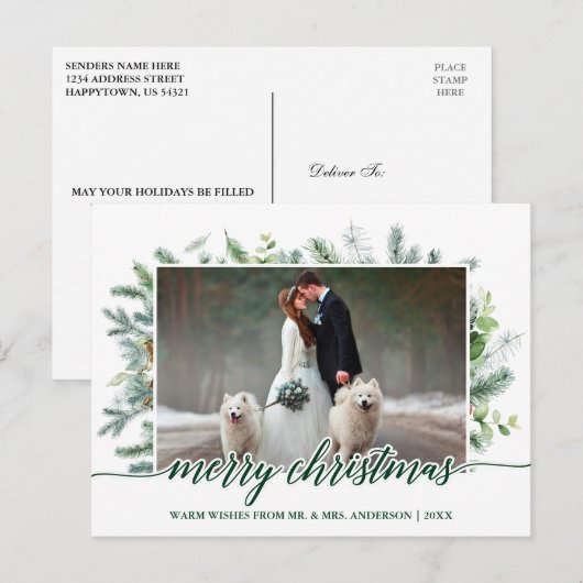 Weddenfoto met kerstpine Greenery Briefkaart (Voorkant / Achterkant)