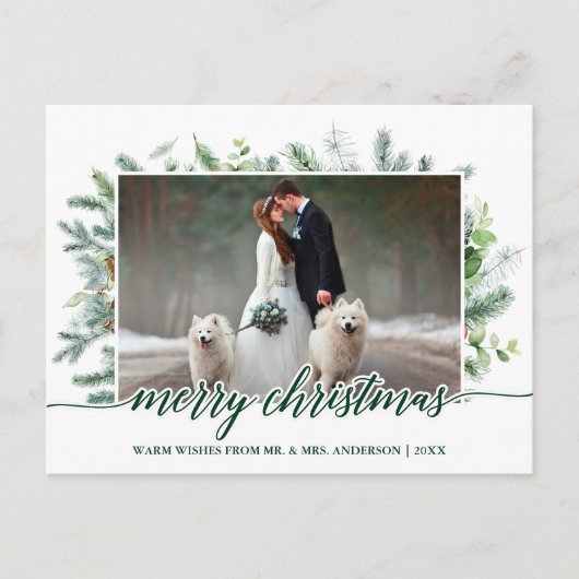Weddenfoto met kerstpine Greenery Briefkaart (Voorkant)