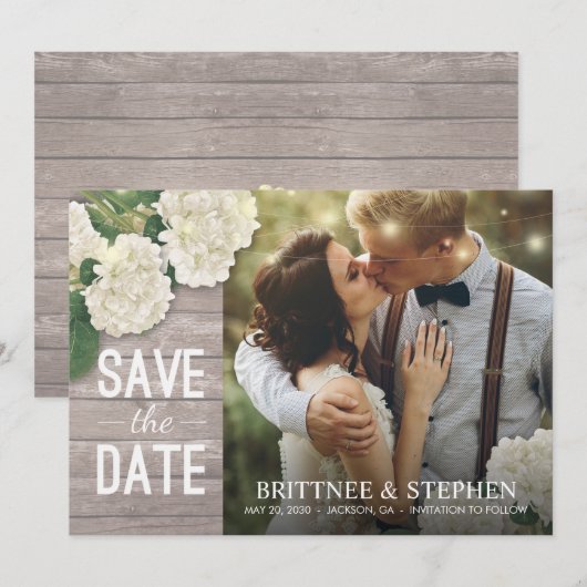 Weddenfoto Save the Date Hydrangeas Lights Wood (Voorkant / Achterkant)