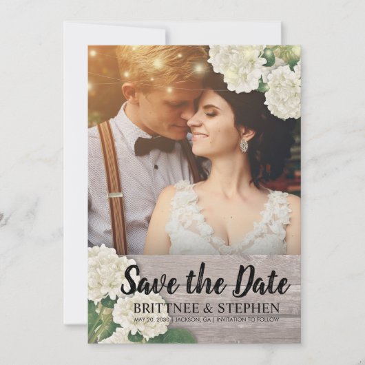 Weddenfoto Save the Date Hydrangeas Lights Wood (Voorkant)