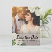 Weddenfoto Save the Date Hydrangeas Lights Wood (Staand voorkant)