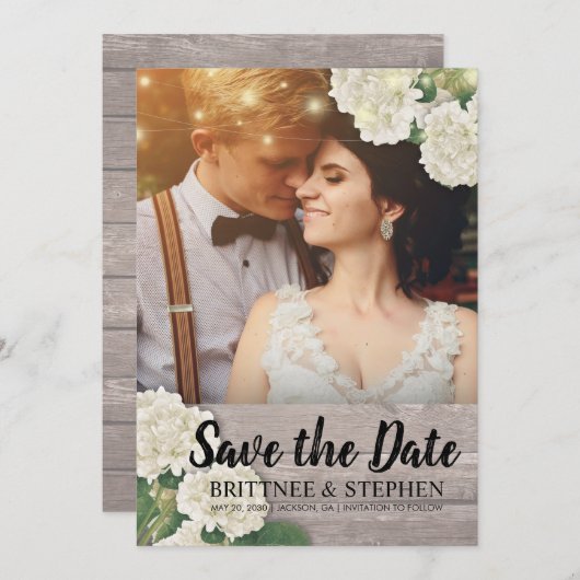 Weddenfoto Save the Date Hydrangeas Lights Wood (Voorkant / Achterkant)