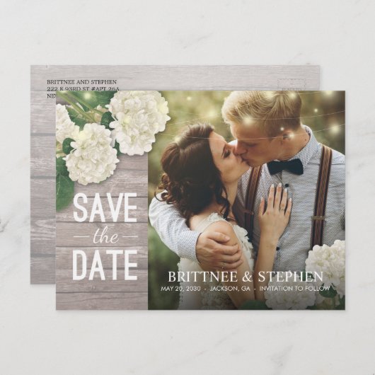 Weddenfoto Save the Date Hydrangeas Lights Wood Briefkaart (Voorkant / Achterkant)