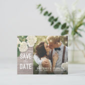 Weddenfoto Save the Date Hydrangeas Lights Wood Briefkaart (Staand voorkant)