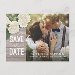 Weddenfoto Save the Date Hydrangeas Lights Wood Briefkaart