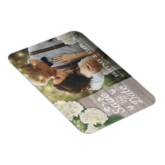 Weddenfoto Save the Date Hydrangeas Lights Wood Magneet (Rechterzijde)