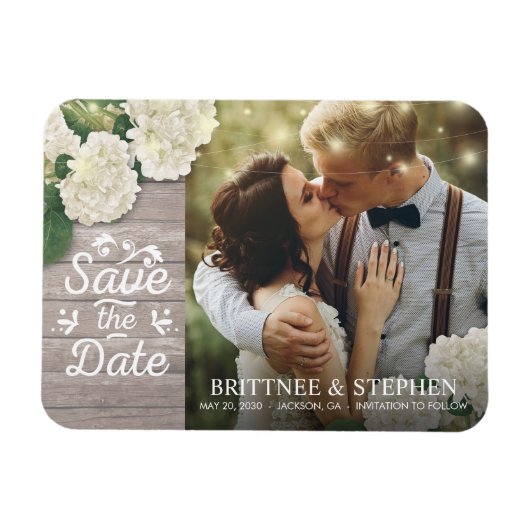 Weddenfoto Save the Date Hydrangeas Lights Wood Magneet (Horizontaal)