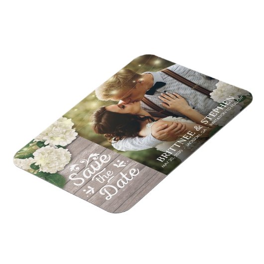 Weddenfoto Save the Date Hydrangeas Lights Wood Magneet (Linkerzijde)