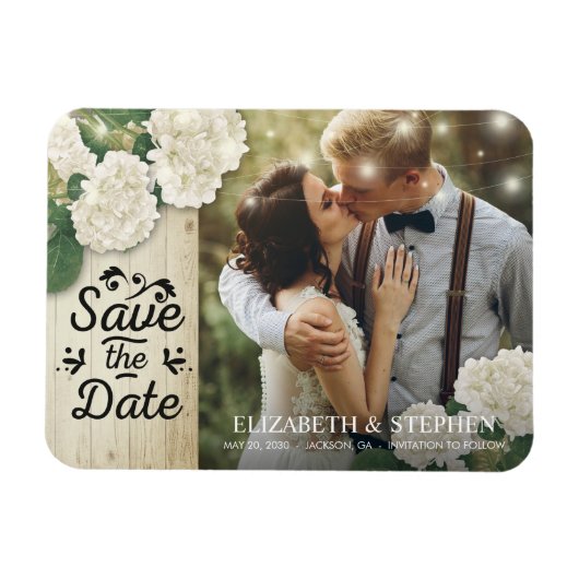 Weddenfoto Save the Date Hydrangeas Lights Wood Magneet (Horizontaal)