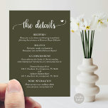 Weddengegevens, Rustic Script Enclosure Card Informatiekaartje<br><div class="desc">Bruiloft Details Behuizing Kaart,  in olijfgroen thema,  waar u uw bruiloft receptie,  accommodatie opties,  uw bruiloft website en anderen kunt opnemen.</div>