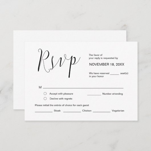 Weddenkalligrafie, eenvoudig zwart script, RSVP Informatiekaartje (Voorkant / Achterkant)