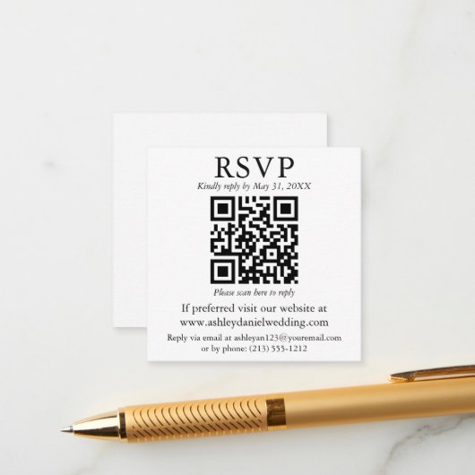 Weddenminimalistisch Eenvoudig vierkant QR RSVP Informatiekaartje (Voorkant / Achterkant in situ)