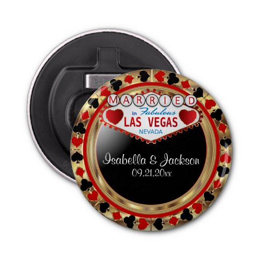 Weddenpaar Las Vegas Style - Rood Button Flesopener (Voorkant)