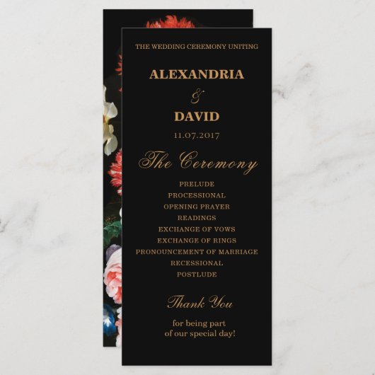 Weddenprogramma Black Red Dark Floral Programmakaart (Voorkant / Achterkant)