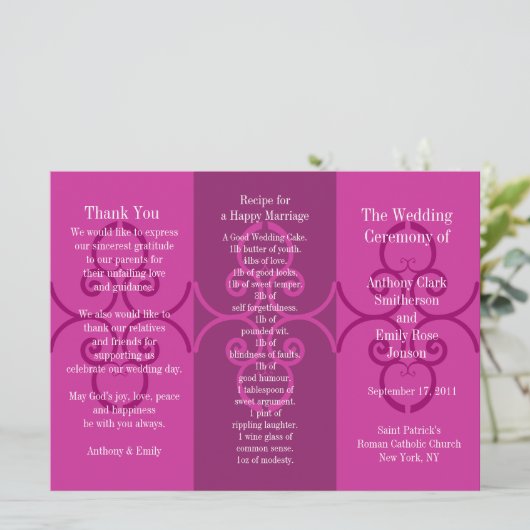 Weddenprogramma Brochure Pink Curl Programmakaart (Staand voorkant)