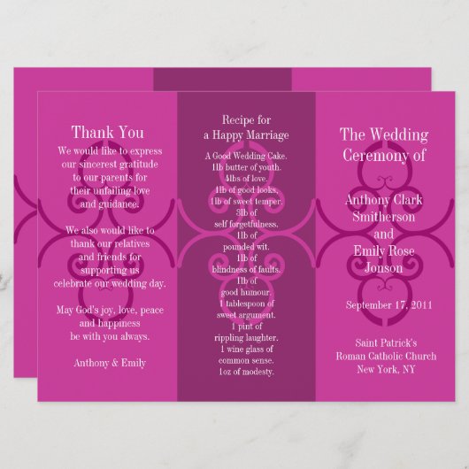 Weddenprogramma Brochure Pink Curl Programmakaart (Voorkant / Achterkant)