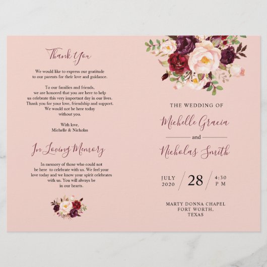 Weddenprogramma Burgundy Blush Waterverf Floral (Voorkant)