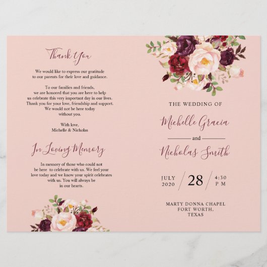 Weddenprogramma Burgundy Blush Waterverf Floral (Voorkant)