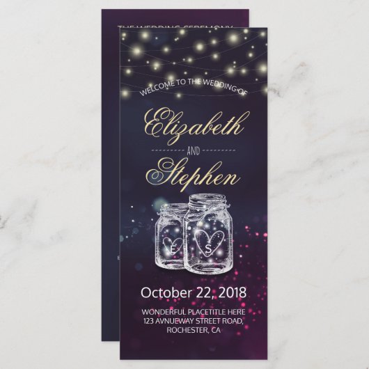 Weddenprogramma Chic Mason Jar Paars String Light Programmakaart (Voorkant / Achterkant)