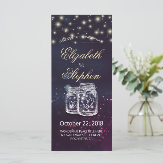 Weddenprogramma Chic Mason Jar Paars String Light Programmakaart (Staand voorkant)