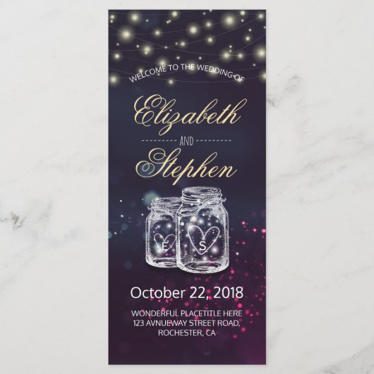 Weddenprogramma Chic Mason Jar Paars String Light Programmakaart (Voorkant)