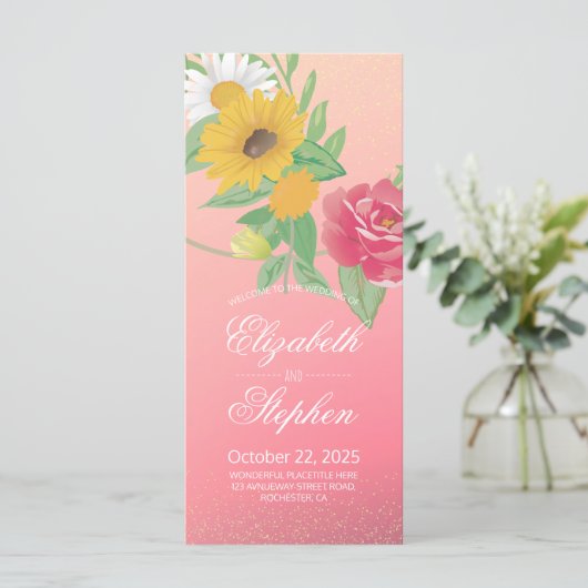 Weddenprogramma Chic Roos Flower Pink Gold Glitter Programmakaart (Staand voorkant)
