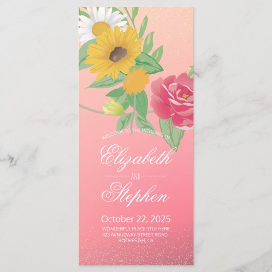 Weddenprogramma Chic Roos Flower Pink Gold Glitter Programmakaart (Voorkant)