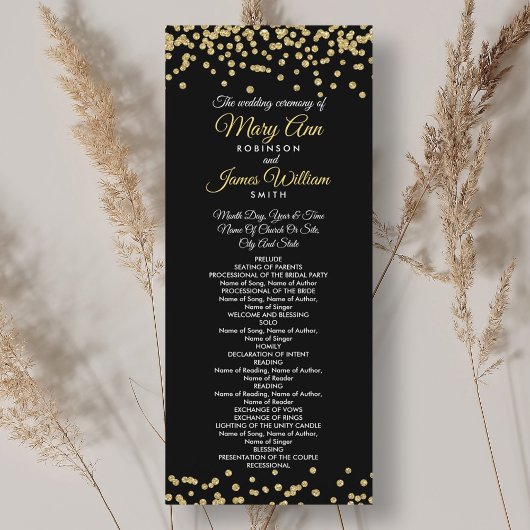 Weddenprogramma Gold Faux Glitter Confetti Black Programmakaart
