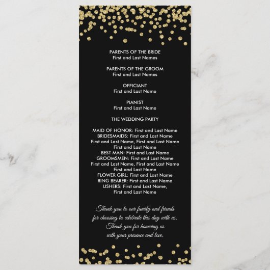 Weddenprogramma Gold Faux Glitter Confetti Black Programmakaart (Achterkant)